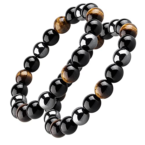 HOZEAL Triple Protection Bracelet, Black Obsidian Tiger Eye Stone Hematite Wealth Bracelets for Men Women for Bring Luck and Prosperity, Beaded Buddha Crystals Rope Stretch Bracelet
