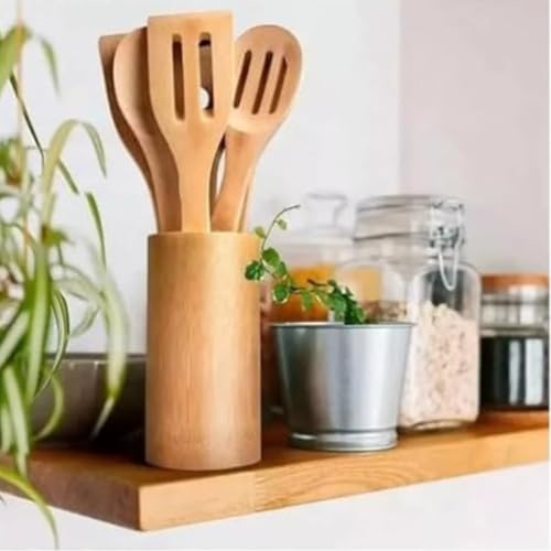 Kit Utensílios De Bambu 5 Peças Ecológico Com Suporte Antiaderente Resistente Ao Calor Elegante Sust