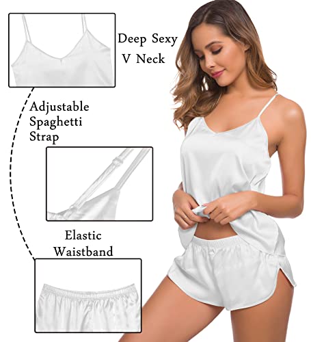 Image of SWOMOG Womens Silk Satin Pajamas Sets 4pcs Sleepwear Sexy Cami Shorts Set and Button Down Short Sleeve Pjs Loungewear