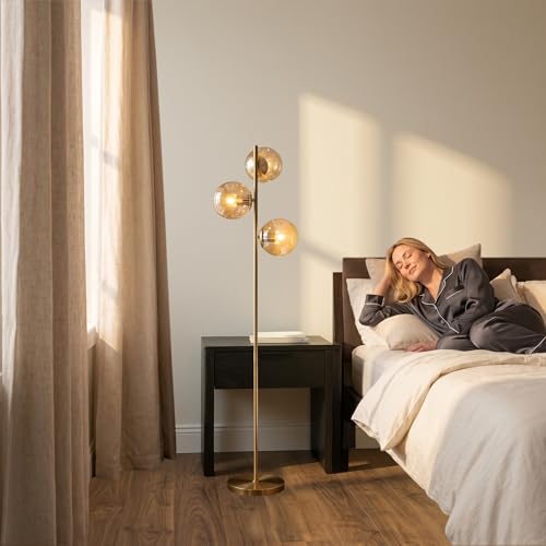 Image of BOKT Modern Brushed Brass Floor Lamp Corner 3-Light Standing Lamp with Amber Glass Globe Shade Adjustable Height Office Tall Standing Light Vintage for Living Room Bedroom Home Decor