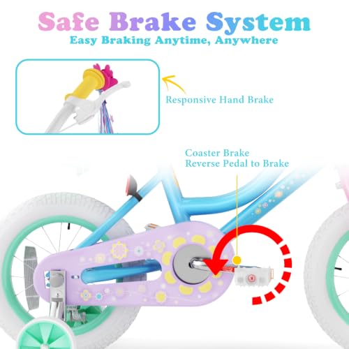 Image of KORIMEFA Girl Bike with Training Wheel, Age 3-12 Princess, 12 /14 /16 /20in | Kids Gift for Ride on Toy, with Basket /Streamers, Coaster Brake, Multi Colors