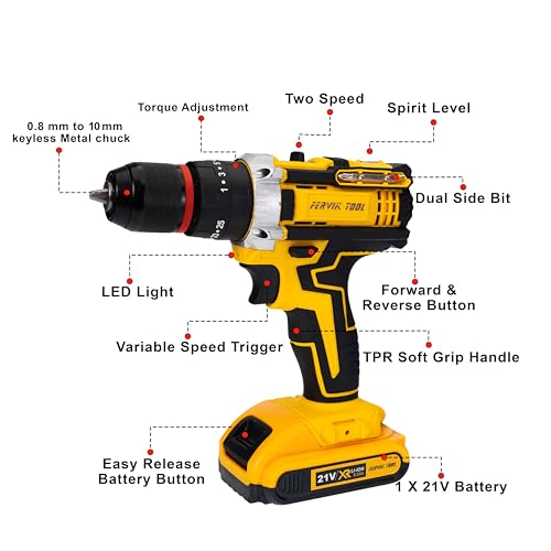 Image of Cordless Drill Driver, 21V Li-ion Battery, 0.8-10mm Keyless Chuck, LED Light, Variable Speed, TPR Grip || With Warranty || Two-speed settings with variable speed trigger for precise control.