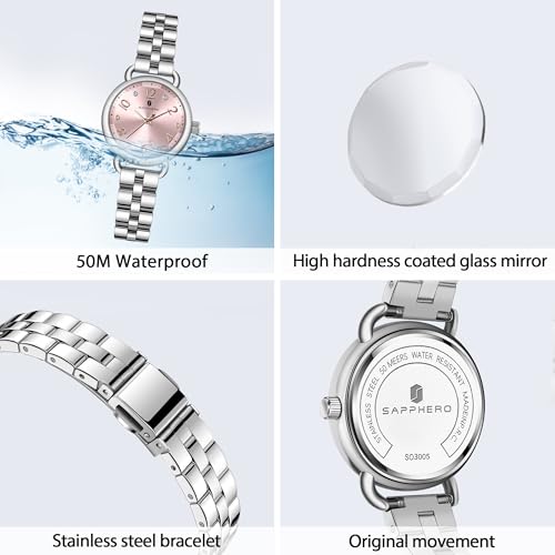 Image of Sapphero Ladies Watch Easy to Read Wristwatch, Women's Quartz Watch with Stainless Steel Strap, 5 ATM Waterproof, Classic Elegance Women Business Waterproof Watch