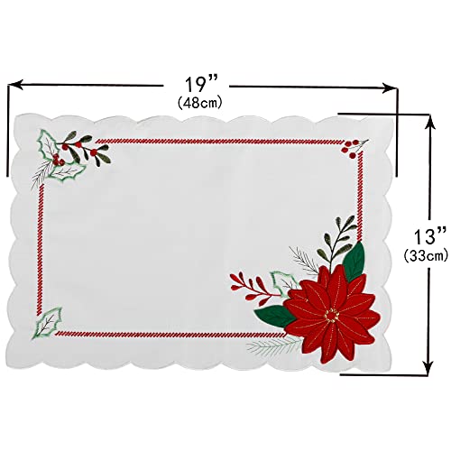 Owenie Christmas Placemats Set Of 4, Embroidered Holiday Christmas Poinsettia White Table Mats For Dining Table, Holiday Table Top Decorations With Red And Green Applique (White, 13"X19") #TOP4