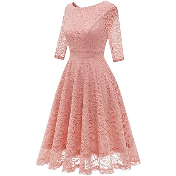 Bbonlinedress Vestidos de encaje hasta la rodilla para mujer, cuello redondo, manga larga, vestido de noche, vestidos festivos para boda, vintage, vestido de cóctel retro