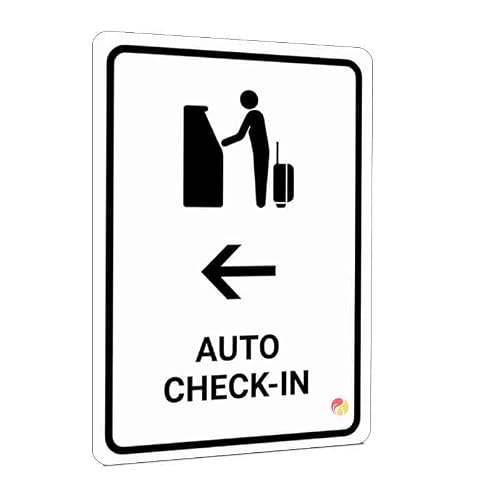 Auto Check-In Warning Sign 12x8 Inch, Directional Travel Check-In Metal Sign with Left Arrow, Black and White Informational Plaque for Airport, Terminal, Office, Business, Wall Decor