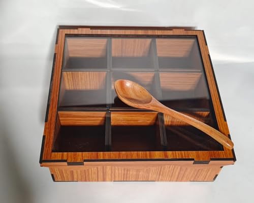 Image of Shyre Wooden Masala Box (6 Detachable Container Rectangular) Antique Lock & Spoon|Spice-Fit Tabletop Glass Lid | Multipurpose Dry Fruit |Kitchen Masala Dani(Handcraft Sheesham Wood, Brown)