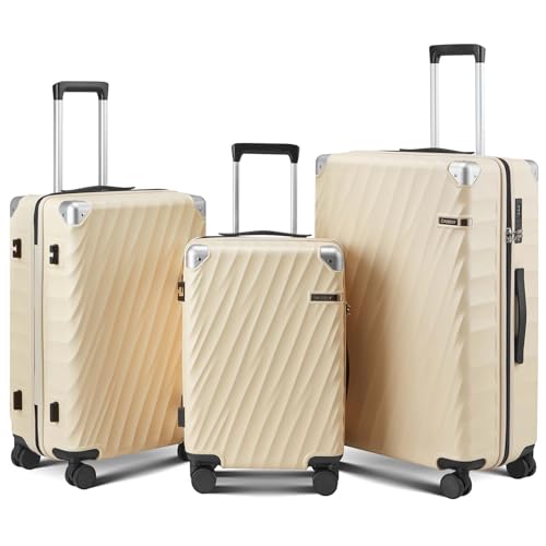 CASELLY Luggage sets 3 piece with Spinner Wheels, PC Hard Shell Travel Luggage, Carry On suitcase with TSA Lock,YKK Zippers,Charcoal Metallic (Beige, 3 Piece Sets(20/24/28))
