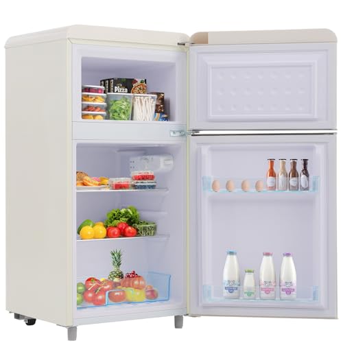 Frigorífico Con Congelador, Frigorífico-Congelador Combinado, Frigorífico De Dos Puertas De 72 Litros Con Congelador De 21 Litros, Frigorífico Retro, LED, Estantes De Cristal,White