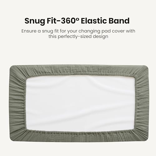 Image of Konssy Waterproof Muslin Changing Pad Cover 2 Pack, Quilted Cotton Fitted Diaper Chang Table Cover, Soft Changing Pad Sheets for Girls Boys (Fog Green,Cream)