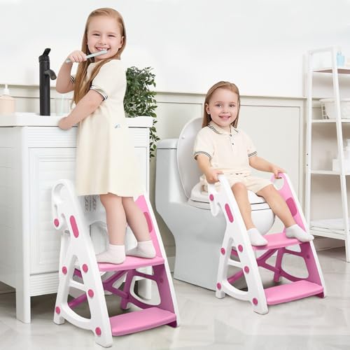 Image of Primlect Potty Training Seat, 2-in-1 Toddler Toilet Seat with Step Stool, Ultra-Stable Potty Chair Attachment, Adjustable Seat and Step Ladder, Non-Slip Design, Splash Guard for Boys and Girls(Pink)