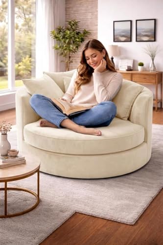 Image of SOFALIZE - Modern Barrel Accent with Pillows Round Sofa Modern Combines Contemporary Design Oversize Arm Chair Cozy Club Chair for Bedroom, Living Room, Lounge, Hotel & Office Hallways Sofa (Cream)