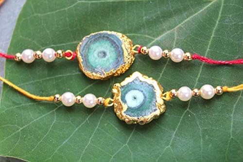 Miniatura 5 de HiJet Rakhi-Hijet - Paquete de 2 pulseras de hilo para hermanoBhai On Rakshabandhan para protecciones y bendiciones, tamaño libre, Gema, Ágata