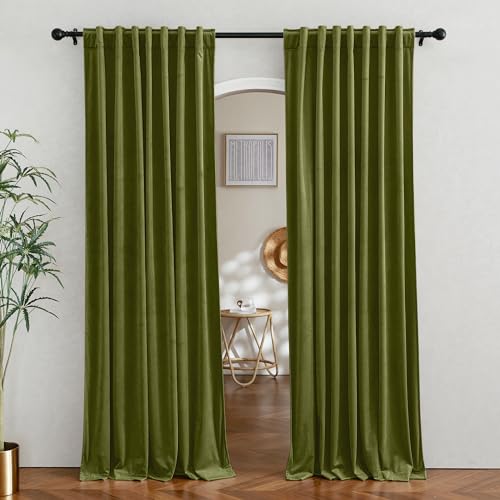 RYB HOME Velvet Curtains 90 inches Length, Back Tab & Rod Pocket Soft Fabric Curtains & Drapes for Bedroom Room Divider, Moss Green, W 62 x L 90, 2 Panels Set