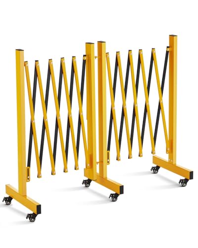 Image of AffinityFurn 11FT Expandable Metal Safety Barricade Gate – Folding Retractable Security Barrier with 6 Wheels, Portable Fence for Industrial and Residential Crowd Control – Yellow