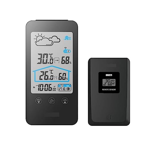 スマートデジタル気象ステーション屋内/屋外湿度計温度計湿度温度ワイヤレスリモートセンサーバックライト(Black)