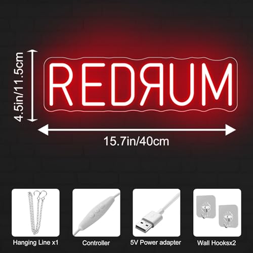 Image of Redrum Neon Sign Horror LED Wall Light Creepy Gothic Room Decor | Halloween LED Light Man Cave Decor USB Powered Dimmable Spooky Bar Sign Chilling Room Decoration 15.7 inchx4.9 inch
