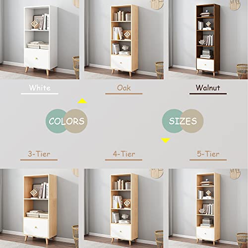 Iotxy 3-Tier Open Shelves Bookcase - 47 Inches Height Modern Floor Standing Cubes Wooden Low Bookshelf With Storage Drawer And Legs, Oak #TOP6