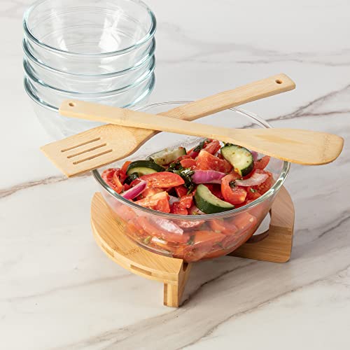 Kitchen Affections 5Pc Glass Salad Bowl Set With Serving Utensils And Bamboo Pedestal Base, Glass Reusable Dinnerware, Durable Glass Dinner Bowls, Glass Dinnerware Set, Eco Friendly Bowls #TOP4