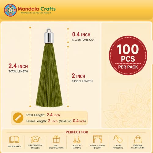 Image of Mandala Crafts Silver Tone Cap Olive Green Bookmark Tassels with Loops