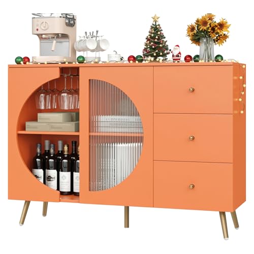 FACBOTALL Armadietto da bar con anta in vetro scanalato, credenza da buffet moderna in stile crema con rastrelliera per calici da vino, cassettiera con contenitore, per soggiorno, arancione