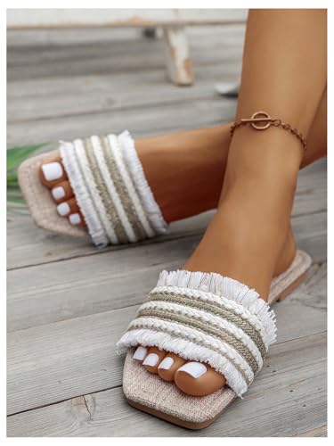 GORGLITTER Women's Braided Boho Sandals Dressy Fringe Square Toe Slides Cute Summer Vacation Flat Sandals3