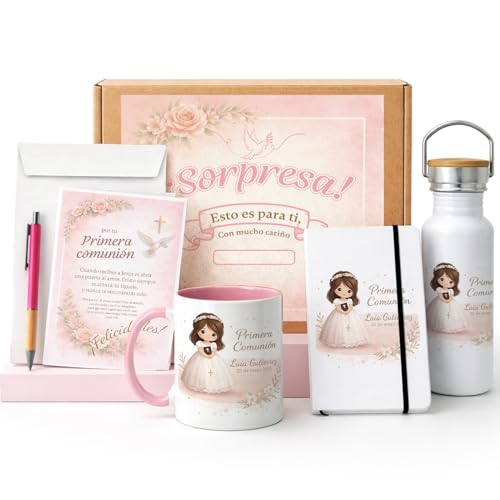Kembilove® Pack Primera Comunión Niña Personalizado con Nombre y Fecha – Kit Completo con Taza, Libreta, Botella, Caja, Tarjeta y Bolígrafo – Regalo Original y Recuerdo