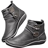 Baxtayel Womens Arch Support Ankle Boots Fashion No Heel Lace Up Side Zip Flat Booties Vintage Leather Booties Comfortable Slip On Shoes