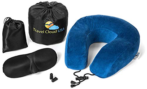 Premium Memory Foam Travel Pillow with Carry Bag + Bonus 3D Eye Mask & Ear Plugs - Adjustable Toggle U Shaped Air Travel Pillow for Neck Support - Pain Relief Comfort for Peaceful Sleep on Airplanes