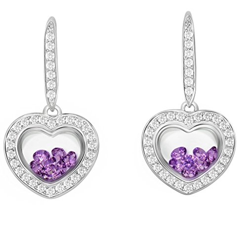 PARIKHS Heart Earring floating Purple Cubic Zirconia inside -CZ border - Sterling Silver