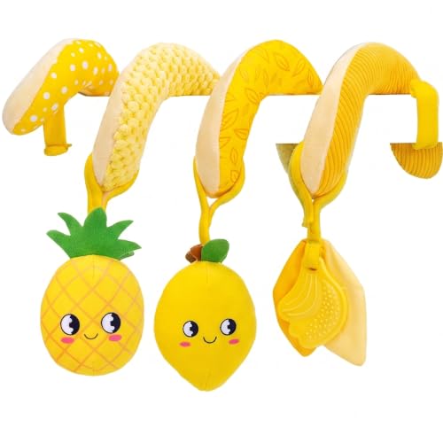 Image of TSYAN Baby Spiral Stroller Toys with Banana Teether, Soft Plush Car Seat Toys for Infants 0-6 12 Months, Crib Mobile Sensory Hanging Toy for Bassinet, Pram, Best Newborn Shower Gift