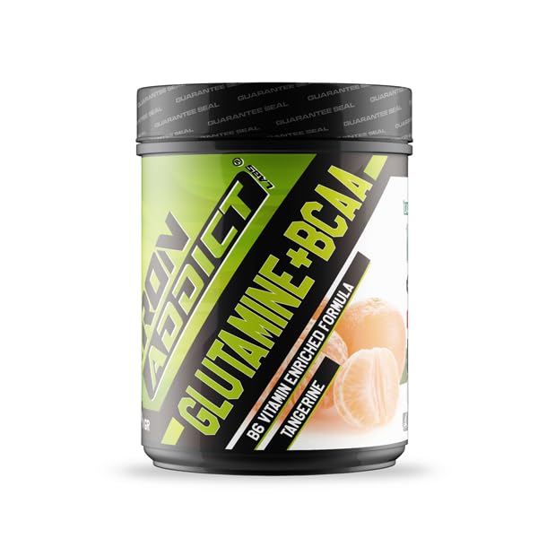 Iron Addict Labs - BCAA + Glutamina de 500gr - Aumento Masa Muscular - Mayor Rendimiento - Detiene el Desgaste - Post Entreno - Sabor Mandarina