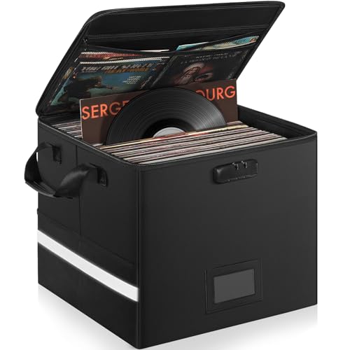 OUUTMEE Fireproof Vinyl Record Storage Box with Lock, Water Resistant Vinyl Storage Case for 12 inch Records Holds up 100+ Single Record, Collapsible LP Record Storage Crate for Album Collection,Large