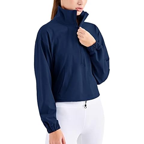 altiland Half Zip Pullover Cropped Jackets for Women Long Sleeve Workout Athletic Running Yoga Shirts(True Navy,S) Cover