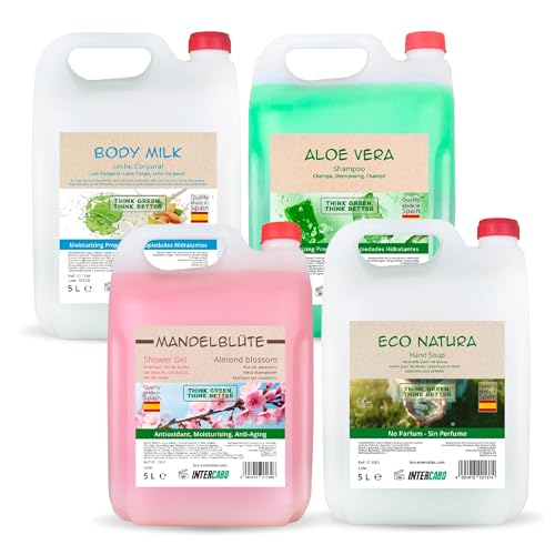 Pack con 4 Garrafas de Cuidado Personal Intercabo - Incluye Gel de Ducha Flor de Almendras, Champú Aloe Vera, Jabón de Manos Eco Natura y Body Milk, Garrafas de 5L