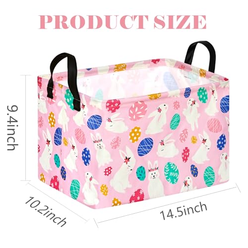Image of Rectangle Gift Storage Basket Home Shelf Storage Basket Organizer Box Clothes Laundry Hamper Nursery Basket Laundry Basket with Handles (Pink White-Bunny)