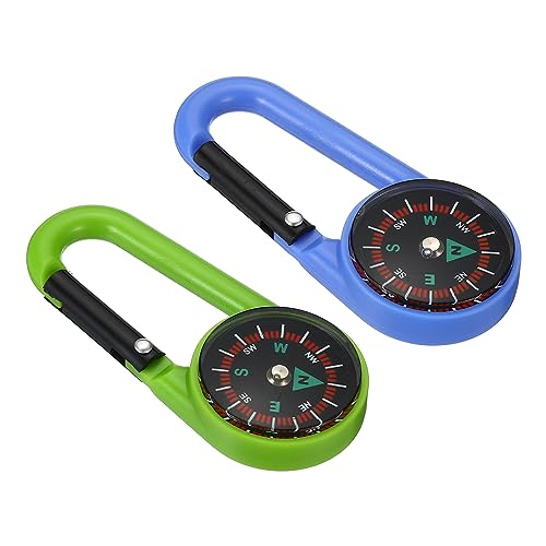 PATIKIL Compass, 2 Pcs Buckle Compass Keychain Waterproof Survival Pocket Compass for Hiking Outdoor Camping, Light Blue, Green