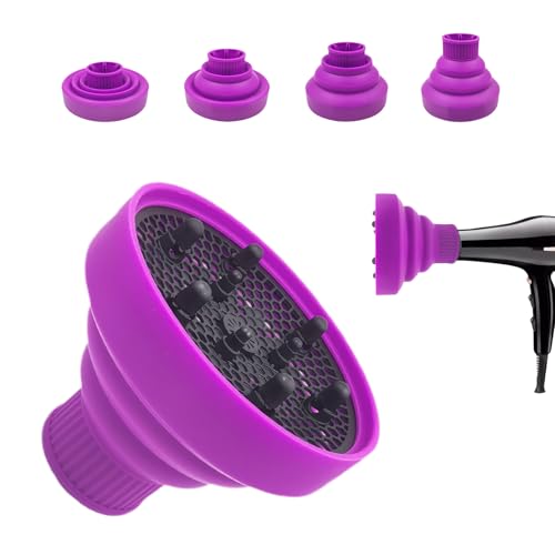 JOIYHY Diffusore in Silicone, Diffusore Capelli Ricci, Diffusore Portatile Capelli Ricci, Adattabile a Asciugacapelli con DIAMETRO 4.2-4.8cm, Pieghevole e riutilizzabile (Viola)