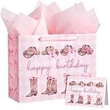 WRAPAHOLIC Bolsa grande de regalo de cumpleaños de vaquera rosa de 13 pulgadas con tarjeta y papel de seda, bolsas de papel de regalo de feliz cumpleaños con lazo occidental para regalos de fiesta