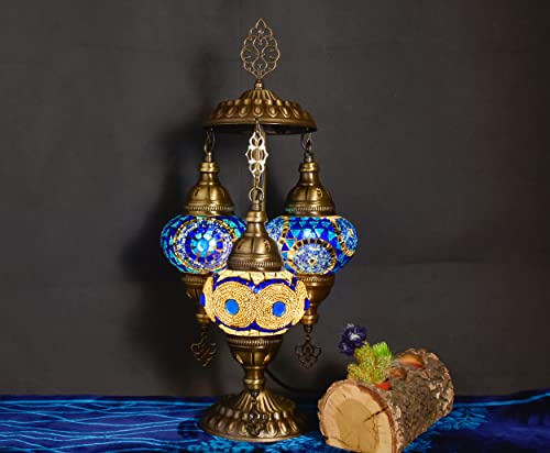 Mozaist 3 Light Moroccan Mosaic Table Lamp, Stained Glass Boho Style Turkish Desk Lamp, Farmhouse Antique Living Room, Office Decorative Vintage Lighting With Us Plug & E12 Socket (Blue & White) #TOP2