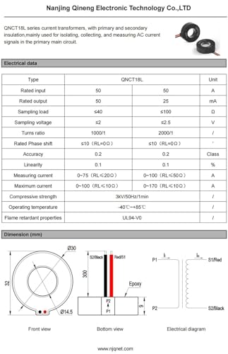 Transductor de corriente toroidal QNCT17L 100A 50mA para control de consumo eléctrico 4