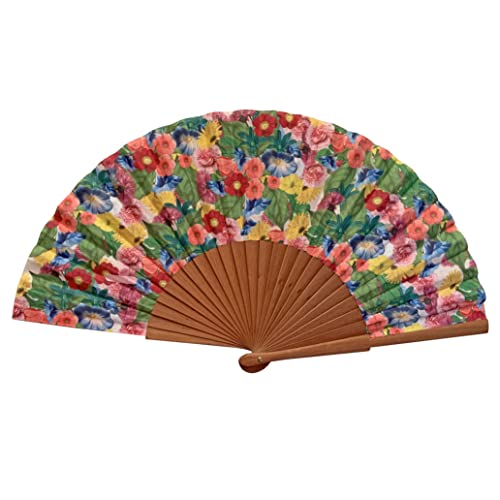 Tusitala Barcelona - Abanico Frida - Abanico Español de Madera y Algodón - Hecho a Mano - Funda de...