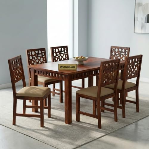 Image of WOODLAB Sheesham Wood 6 Seater Dining Table Set with Chairs | Wooden Dining Table for Home Dining Room | 6 Seater Dinner Table Set for Living Room and Home - Natural Finish