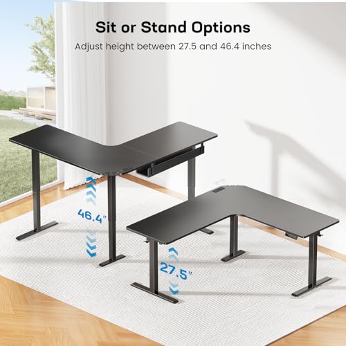 Image of HUANUO Electric L Shaped Standing Desk, 63 inch x 63 inch Height Adjustable Corner Standing Desk with Built-in Power Outlets & Power Strip Holder, Sit Stand Up Table with 4 Preset Heights, Black