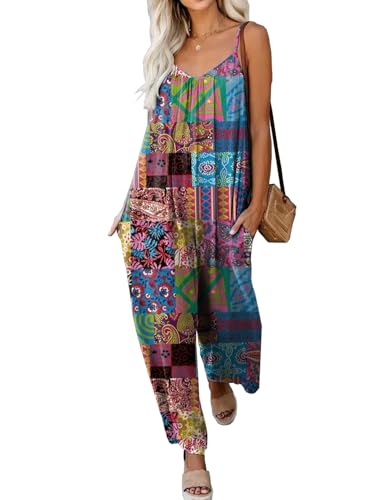 KMAZN Womens Casual Sleeveless Bohemian Beach Jumpsuits Wide Leg One