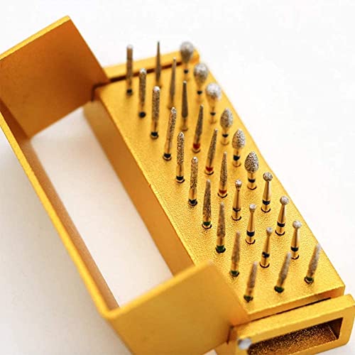 30 PCS High Speed Diamond Bur Set with Aluminum Alloy Shelf Teeth Polishing Drill Bit Burs Sanding Accessories Golden Color