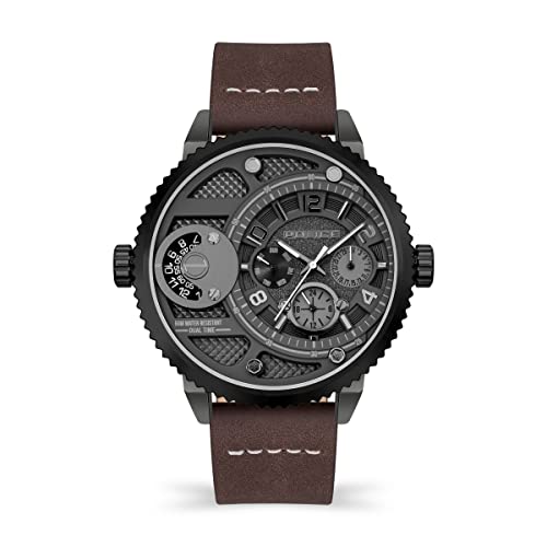 Police Ray PEWJF2195242 - Reloj multifunción para Hombre con Esfera Gris plomizo y Correa de Cuero marrón, Caja de Acero Inoxidable de 51 mm en Caja de Reloj de Marca, marrón, Talla única, Correa