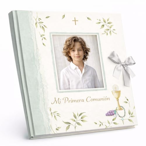 Álbum de Fotos Comunión niño hojas - Portada Personalizable con Foto | Libro Recuerdo con 44 Páginas a Todo Color | Tapa Dura con Cierre de Lazo. Medidas 27x29 cm