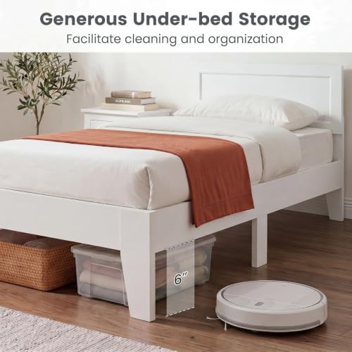 Image of GIANTEX Twin Size Wooden Bed Frame with Headboard, Wood Slat Support | Modern Platform Bed with Heavy Duty Mattress Foundation, Under-Bed Storage, No Box Spring Needed, Easy Assembly (White)