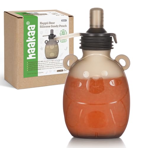 Image of haakaa Happii Bear Reusable Pouches for Baby Food,Refillable Pouches for Toddlers, Reusable Squeeze Pouches for Kids,for Fruit Puree,Yogurt,Smoothies...1 Pack 6 oz/170ml,6 Months+